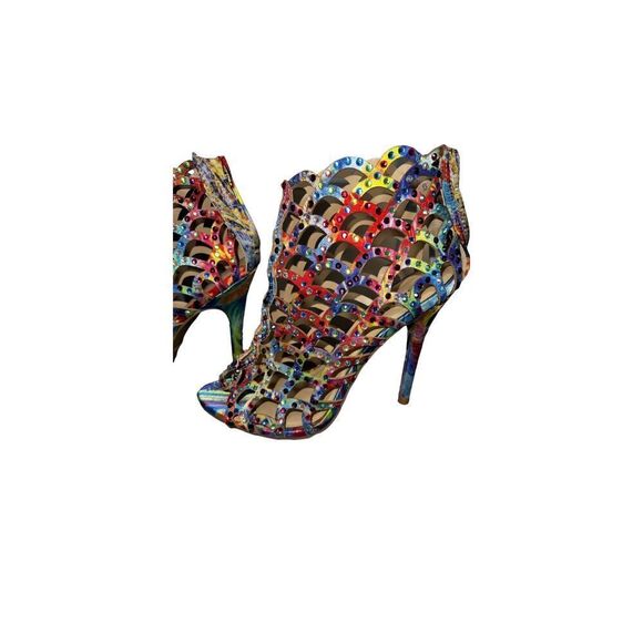 Zigi Cage Heels Ankle Boot Duran Pumps Size 6 Zip Stiletto Rainbow Watercolor - Picture 6 of 14